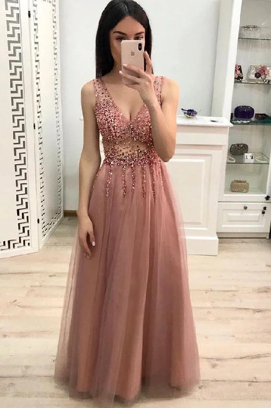 A Line V Neck Beading Pink Prom Dresses Long Tulle Prom Dress  PM201