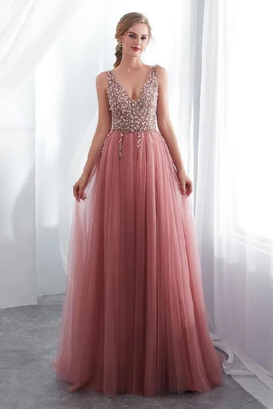 A-Line V-Neck Sleeveless Sweep Train Prom/Formal Dress with Beading PG791