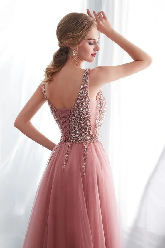 A-Line V-Neck Sleeveless Sweep Train Prom/Formal Dress with Beading PG791