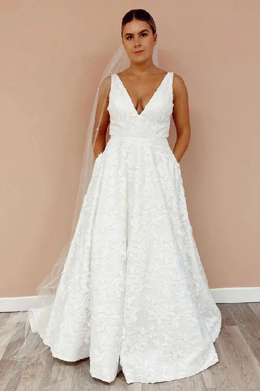 A Line V Neckline Floral Lace  Illustion Back Court Train Wedding Dress WD489