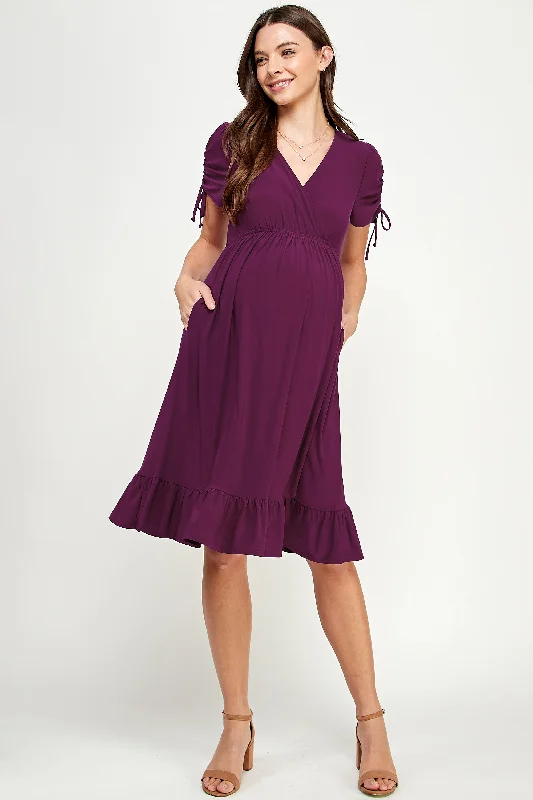 Adjustable Sleeve V-Neck Maternity Dress