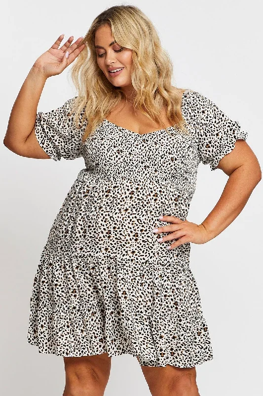 Animal Print Short Puff Sleeve Shirred Bust Dress