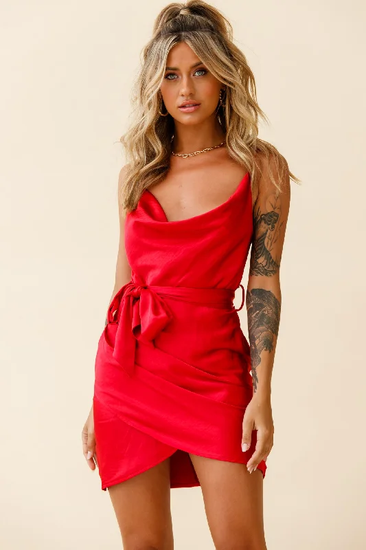 Bebe Satin Cowl Neck Wrap Dress Red