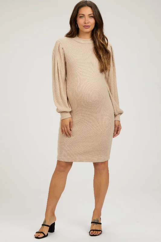 Beige Ribbed Long Sleeve Mock Neck Maternity Dress