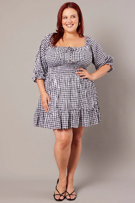 Black Check Mini Dress 3/4 Sleeve Shirred Gingham