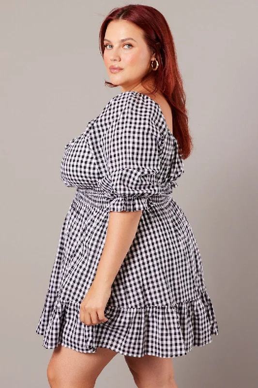 Black Check Mini Dress 3/4 Sleeve Shirred Gingham