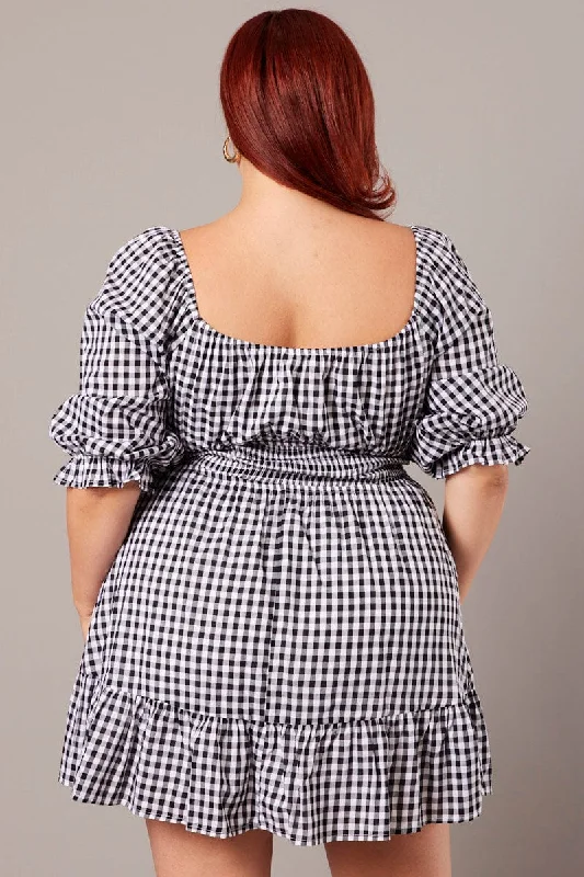 Black Check Mini Dress 3/4 Sleeve Shirred Gingham