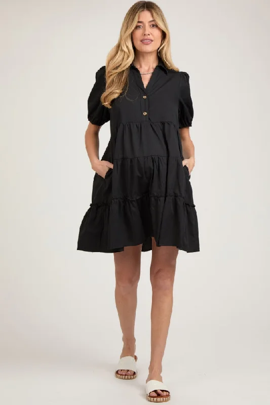 Black Collared Tiered Maternity Dress