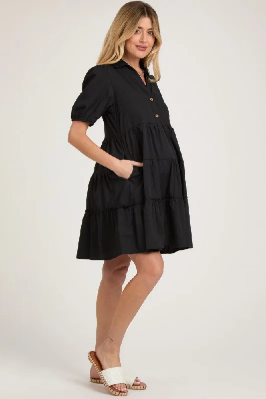 Black Collared Tiered Maternity Dress