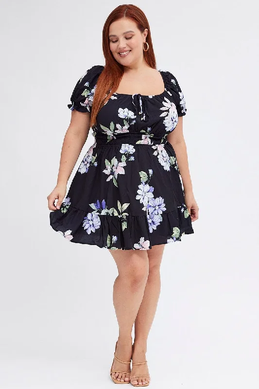 Black Floral Fit And Flare Dress Short Sleeve Gathered Bust