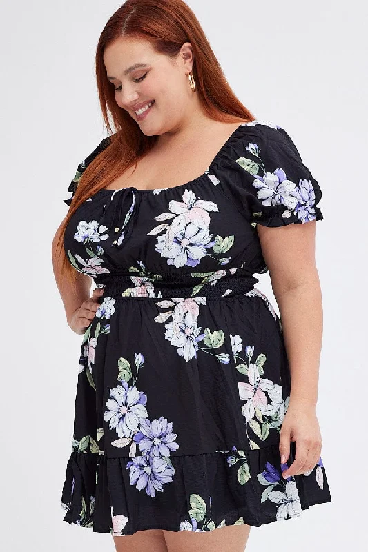 Black Floral Fit And Flare Dress Short Sleeve Gathered Bust