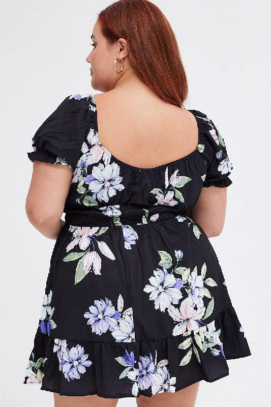 Black Floral Fit And Flare Dress Short Sleeve Gathered Bust