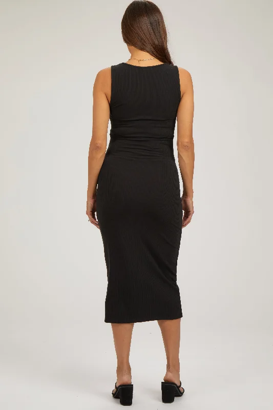 Black Ribbed Sweetheart Neck Maternity Midi Dress