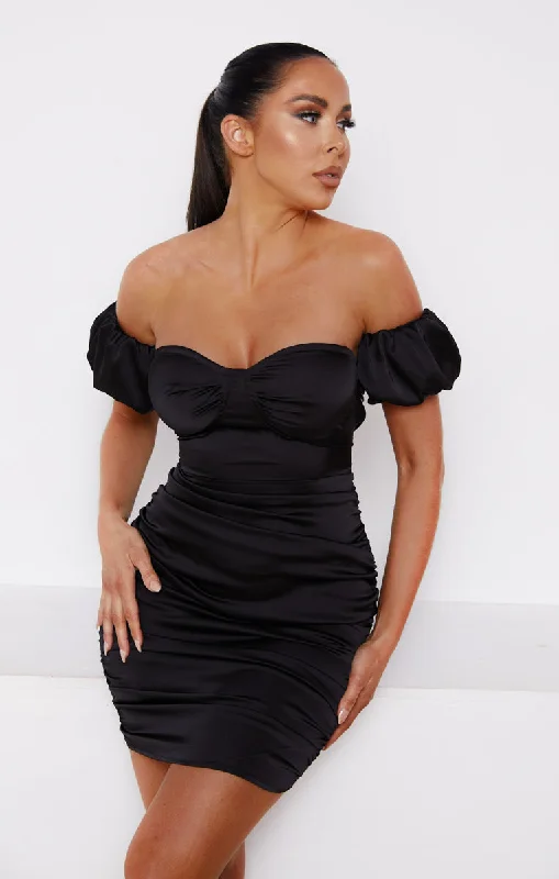 Black Satin Bardot Puff Sleeve Bodycon Mini Dress - Esme