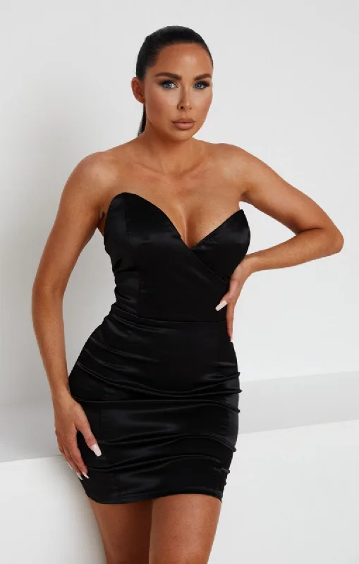 Black Satin Strapless Sweetheart Bodycon Mini Dress - Sariah