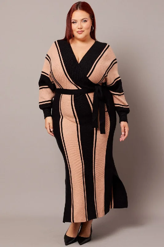 Black Stripe Cross Front Midi Knit Dress