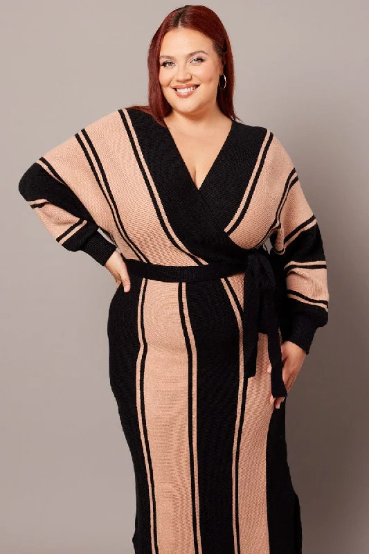 Black Stripe Cross Front Midi Knit Dress