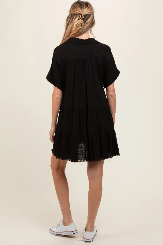 Black Tiered Linen Maternity Dress