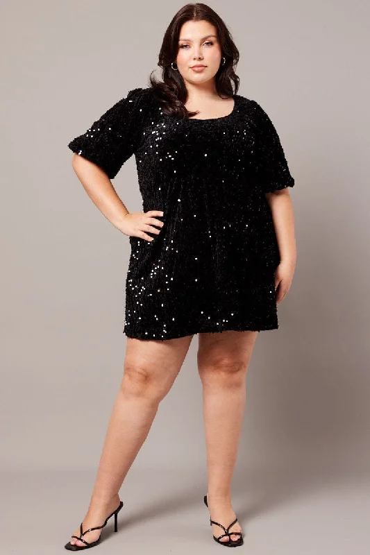 Black Velour Sequin Party Dress