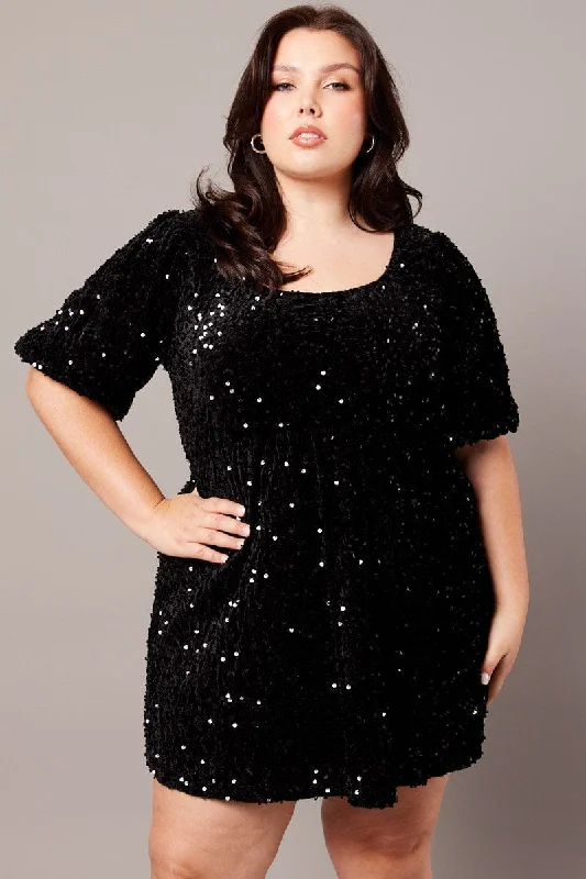 Black Velour Sequin Party Dress