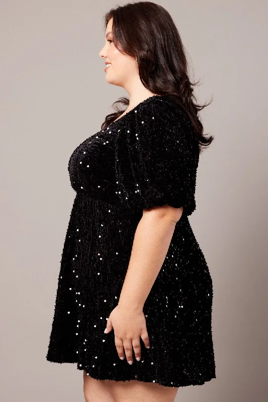 Black Velour Sequin Party Dress