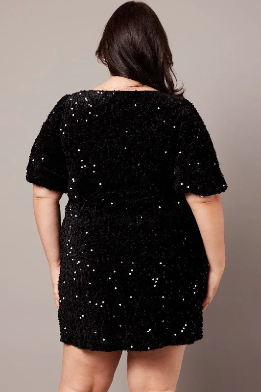 Black Velour Sequin Party Dress