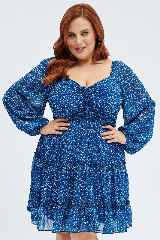 Blue Ditsy Long Sleeve Gathered Bust Dress