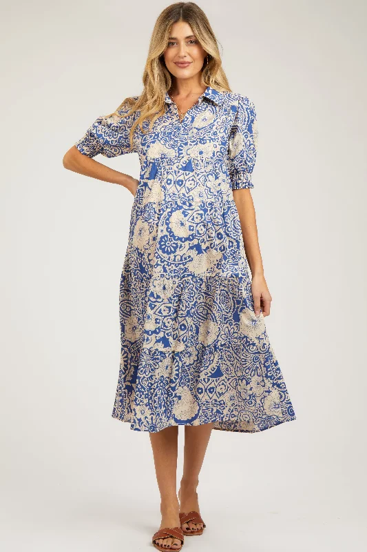 Blue Floral Collared Tiered Maternity Midi Dress