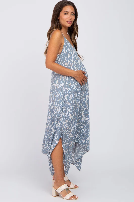 Blue Floral Handkerchief Maternity Midi Dress