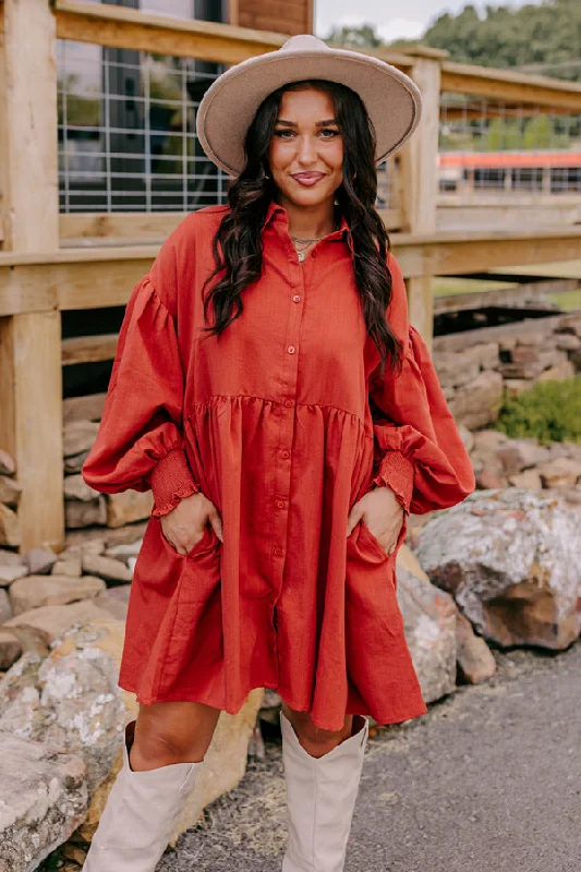 Cafe Patio Button Down Mini Dress in Dark Rust