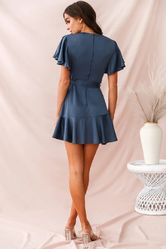 Cami Angel Sleeve Faux Wrap Dress Blue