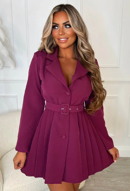 CEO Moves Purple Pleat Detail Belted Blazer Dress