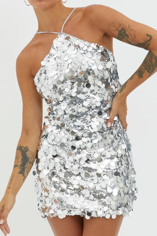 Champagne Twist Sequin Mini Dress Silver