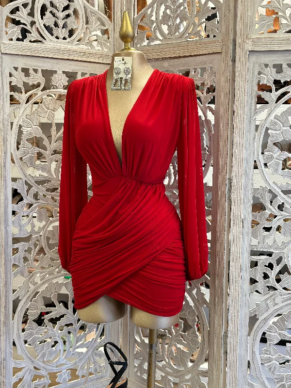 Cherry Red Deep V Mini Wrapped Dress