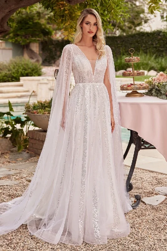 Cinderella Divine CD852W Long  Cape Sleeve Sequin Wedding Dress