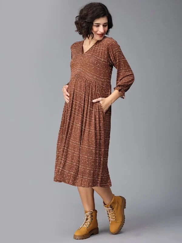 Cognac Punch Maternity Dress With Nursing