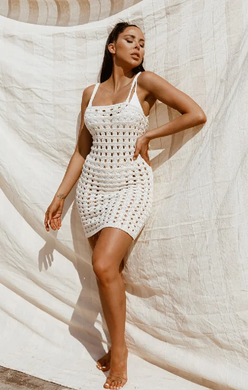 Cream Crochet Open Weave Strappy Bodycon Mini Dress - Winnie