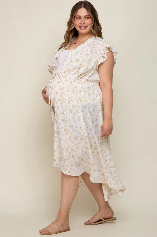 Cream Floral Crochet Front Tie Maternity Plus Coverup