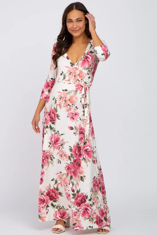 Cream Floral Maternity Wrap Maxi Dress