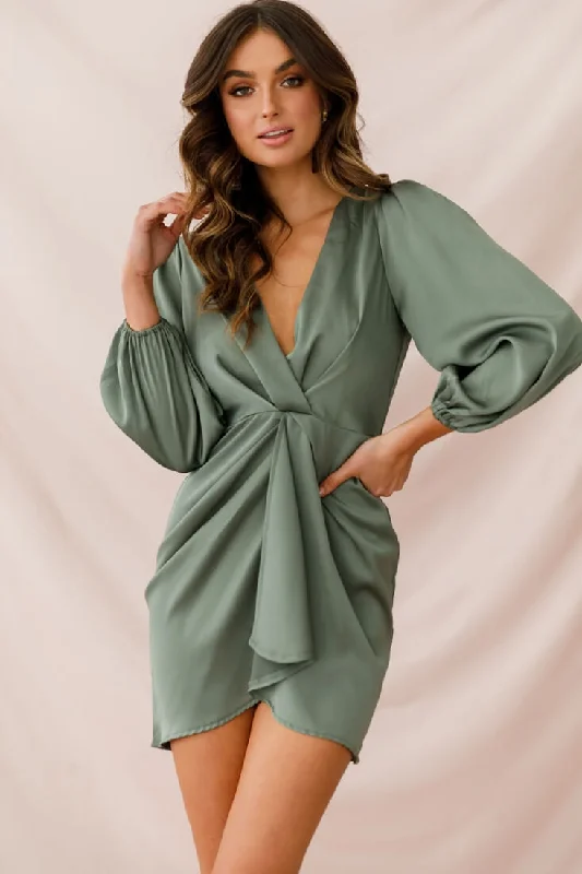 DeLisa Balloon Sleeve Mini Dress Olive