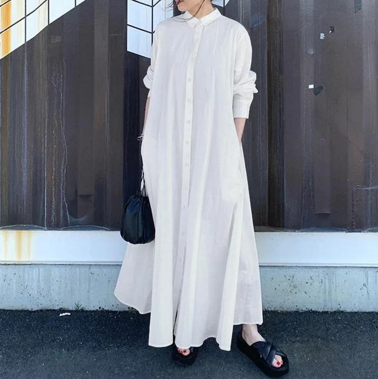 Elegant Pure Color Minimal Versatile Lapel Long Sleeve Dresses