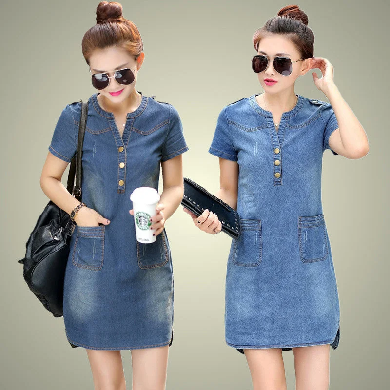 Elegant Women's Short-sleeved Denim Dress Loose Dresses