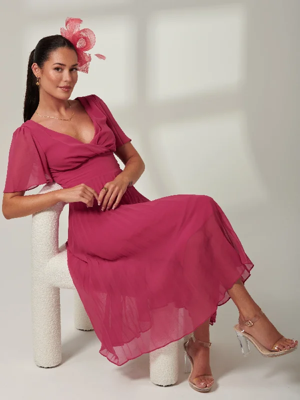 Elene Pleated High Low Chiffon Maxi Dress, Fuchsia Pink