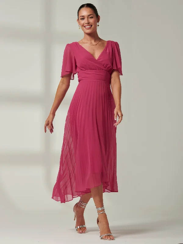 Elene Pleated High Low Chiffon Maxi Dress, Fuchsia Pink