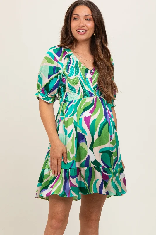 Emerald Green Abstract Print Smocked Maternity Dress