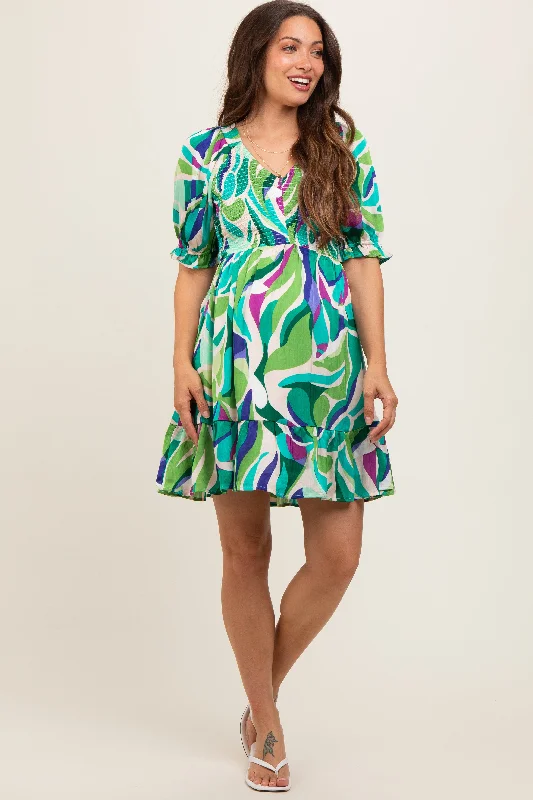 Emerald Green Abstract Print Smocked Maternity Dress