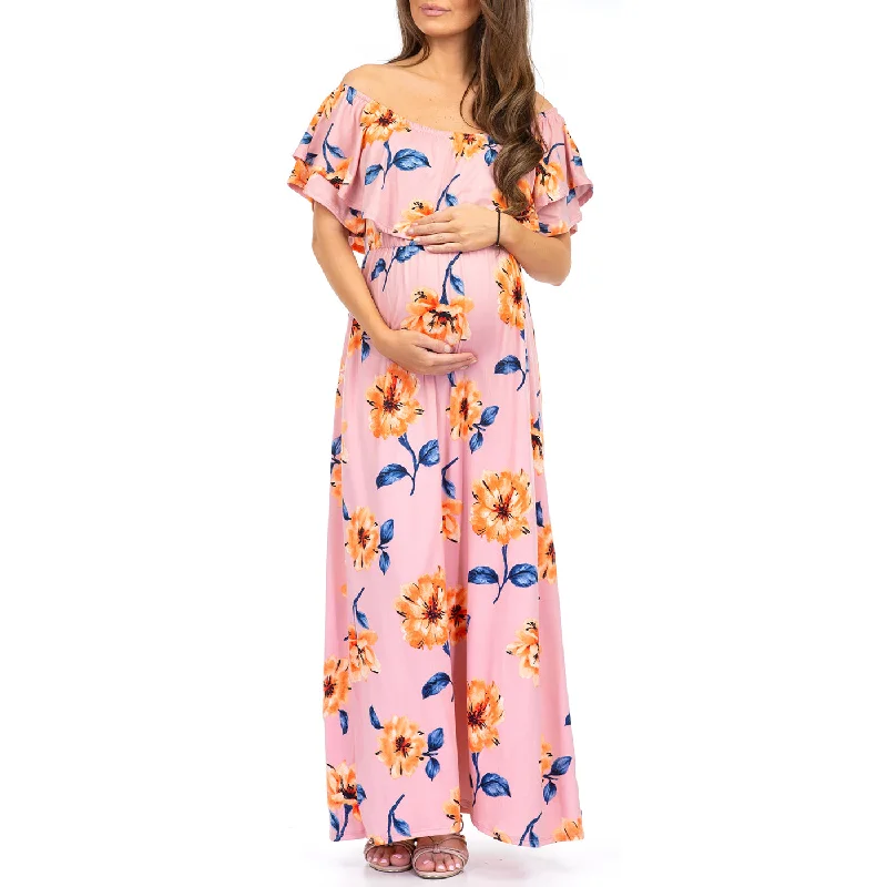 Floral Maternity Maxi Dress with Ruffle Top