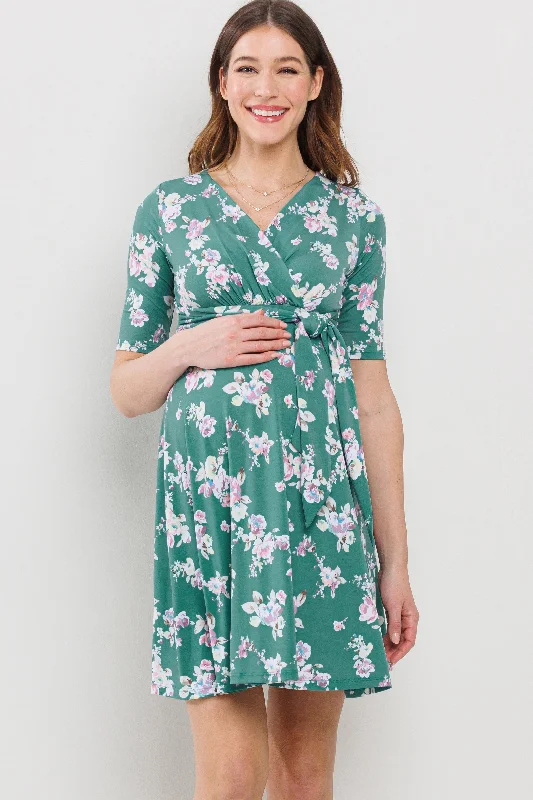 Floral Side Tie V-Neck Maternity Nursing Dress