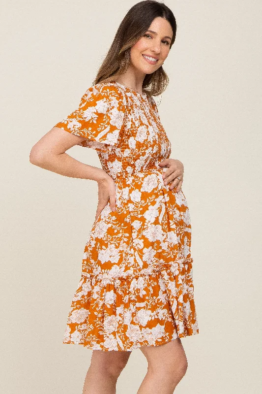 Floral Smocked Gathered Tier Maternity Dress