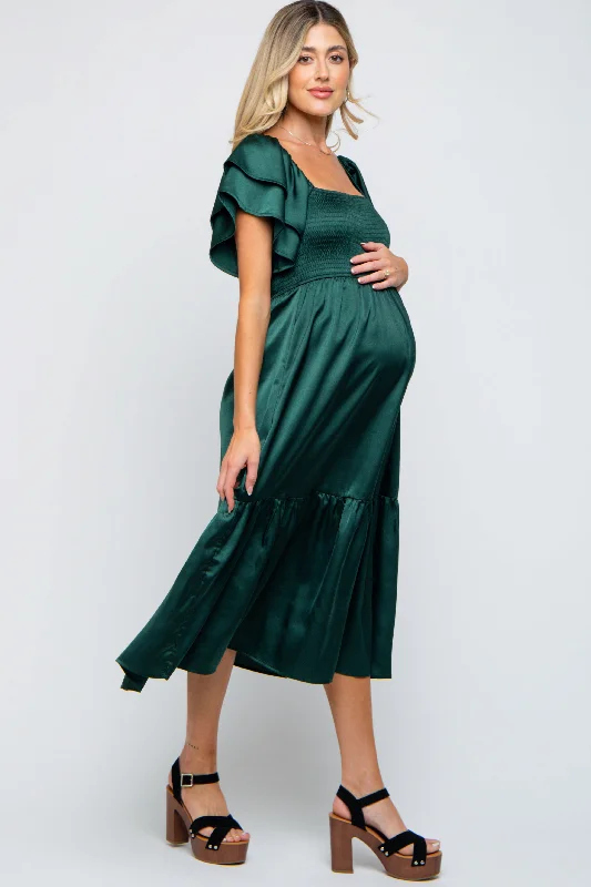 Forest Green Satin Flutter Sleeve Maternity Midi Dress